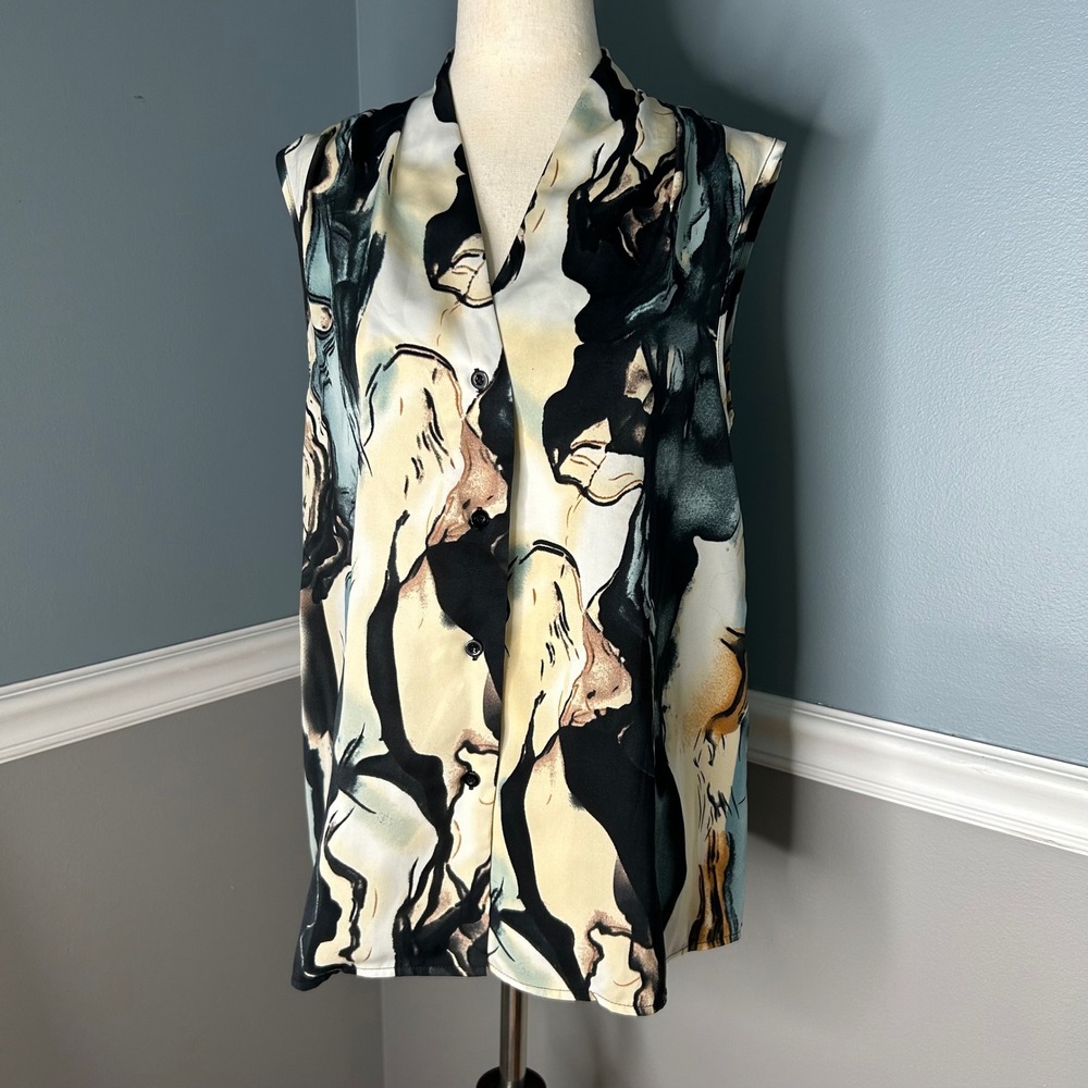 SHEIN Womens Abstract Marble Print Sleeveless Button Down Blouse Black Cream M